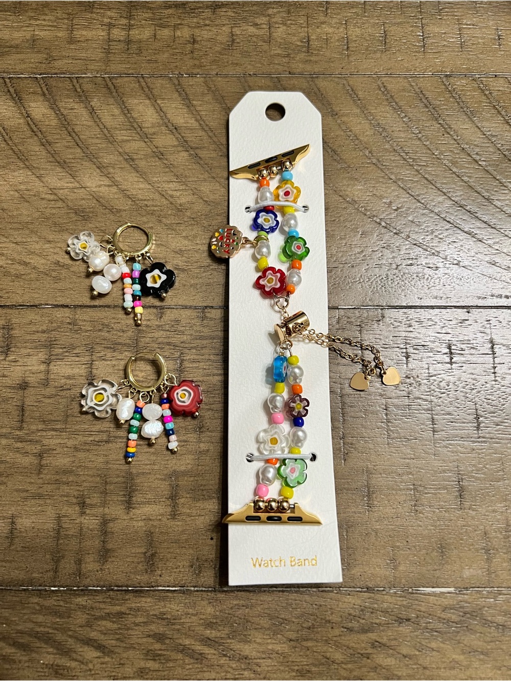 Apple Multicolor Floral Beaded Watch Band with Gold Accents